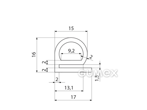 Silikónový profil tvaru "e" s dutinkou, 16x17/1,5mm, 70°ShA, -60°C/+250°C, transparentný